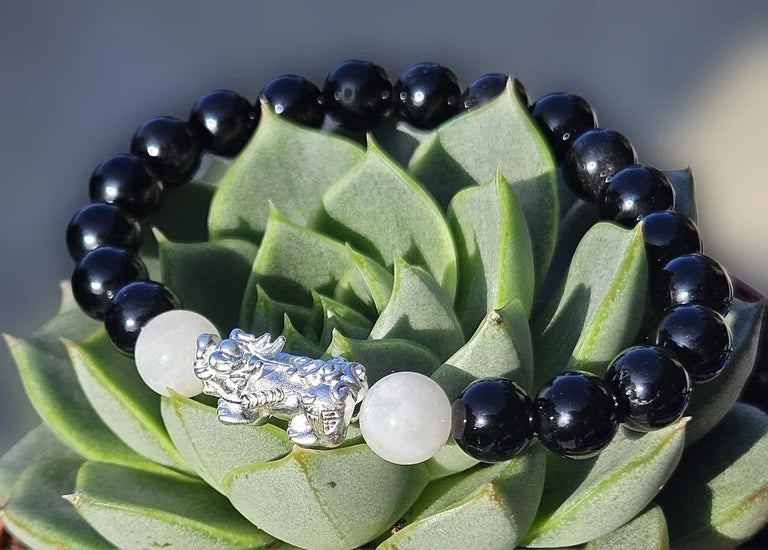 Black Tourmaline and White Moonstone Bracelet