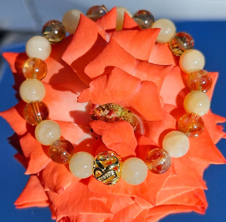 Yellow Jade and Citrine Bracelet with Sterling Silver Charm