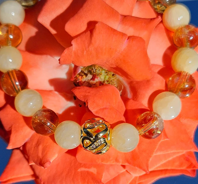 Yellow Jade and Citrine Bracelet with Sterling Silver Charm