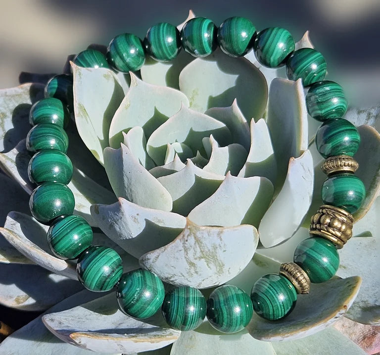 7A Green Malachite Bracelet with Tibetan Bronze Spacers