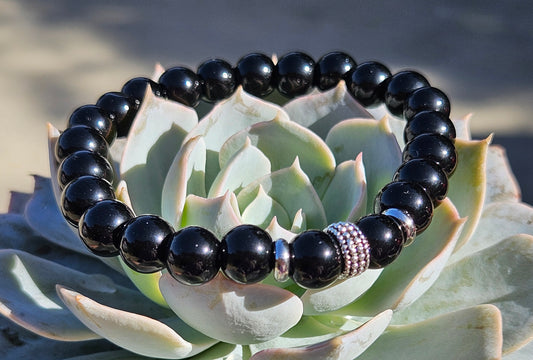 Black Onyx Bracelet with Stainless Steel Spacers