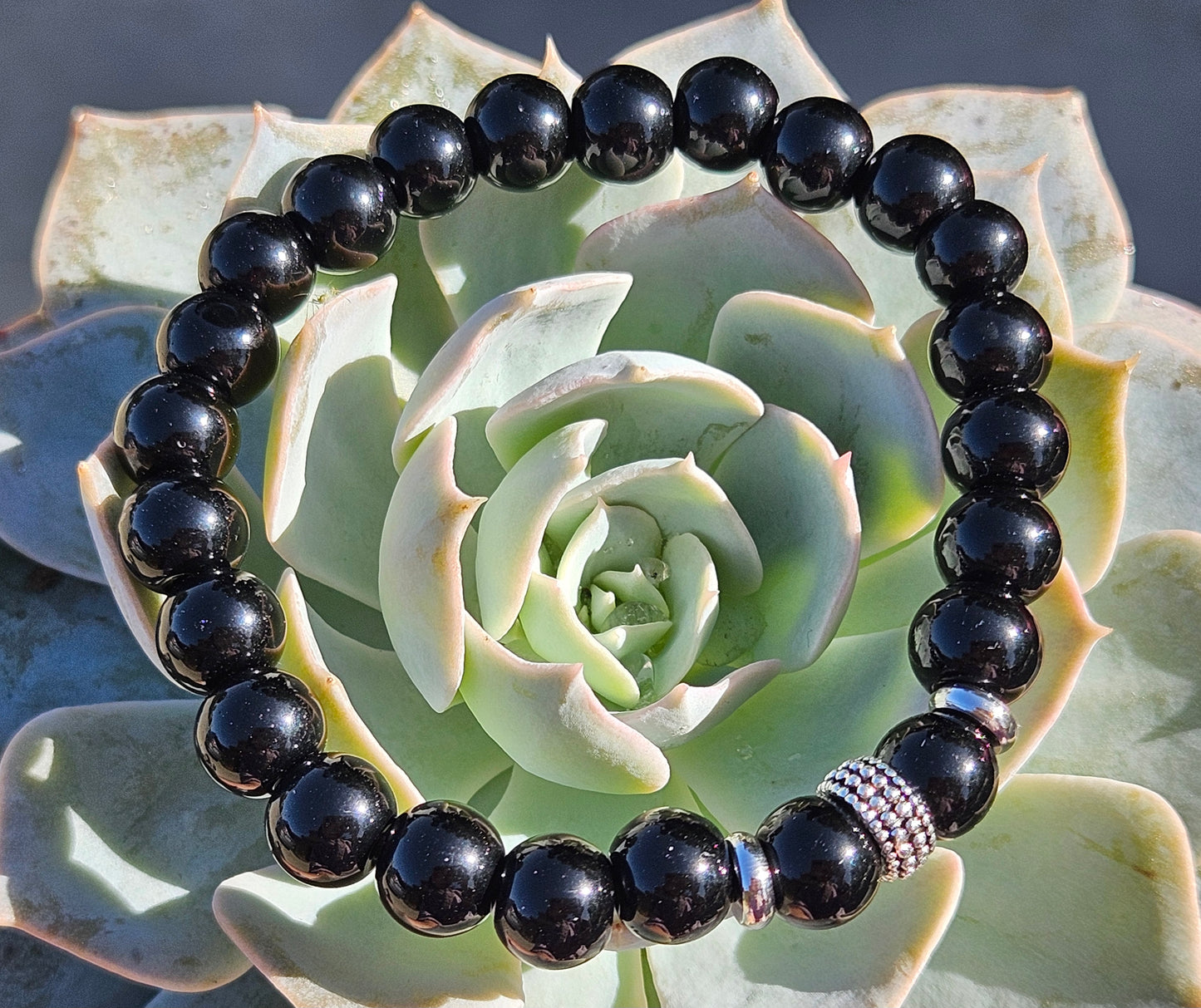 Black Onyx Bracelet with Stainless Steel Spacers