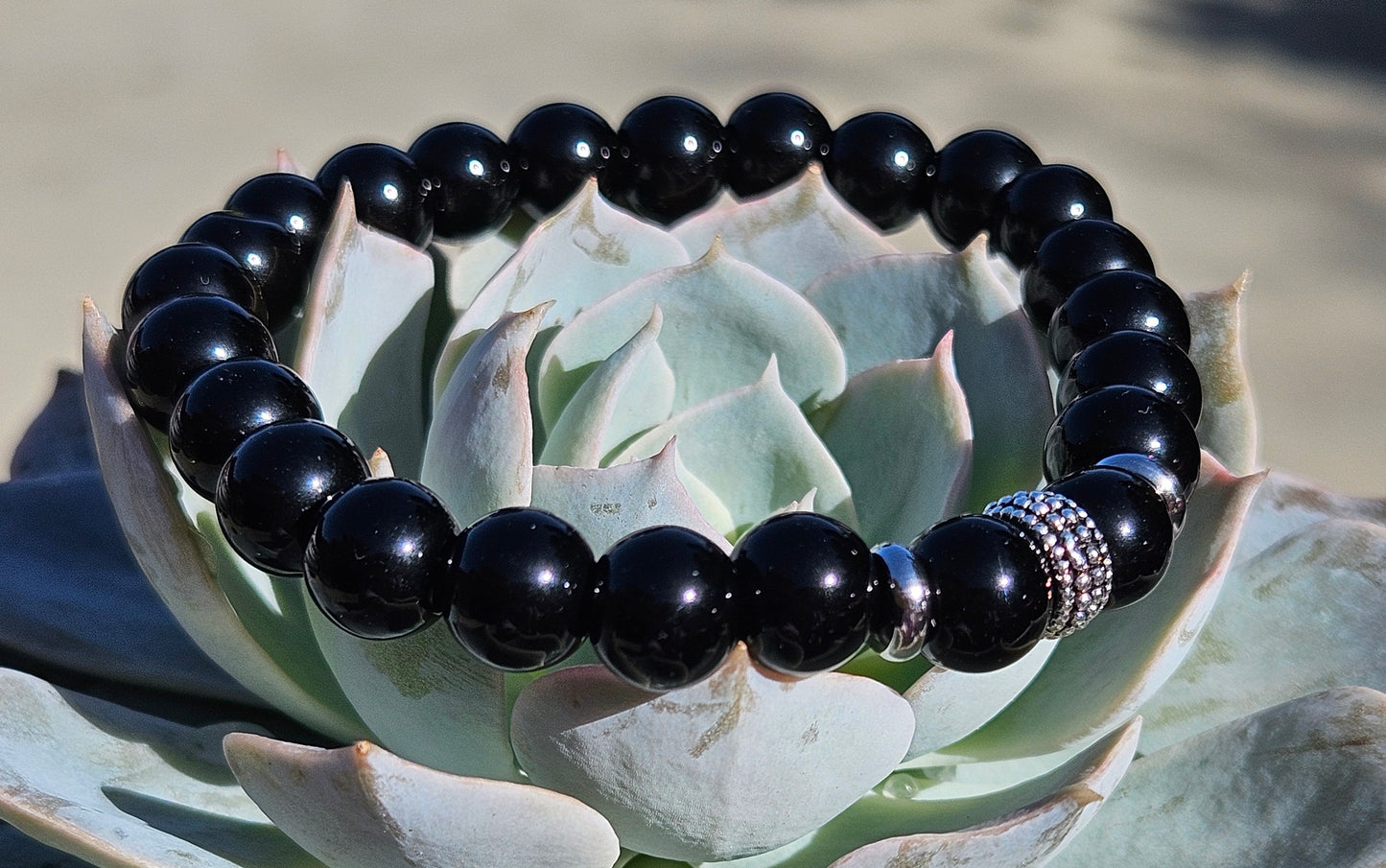 Black Onyx Bracelet with Stainless Steel Spacers